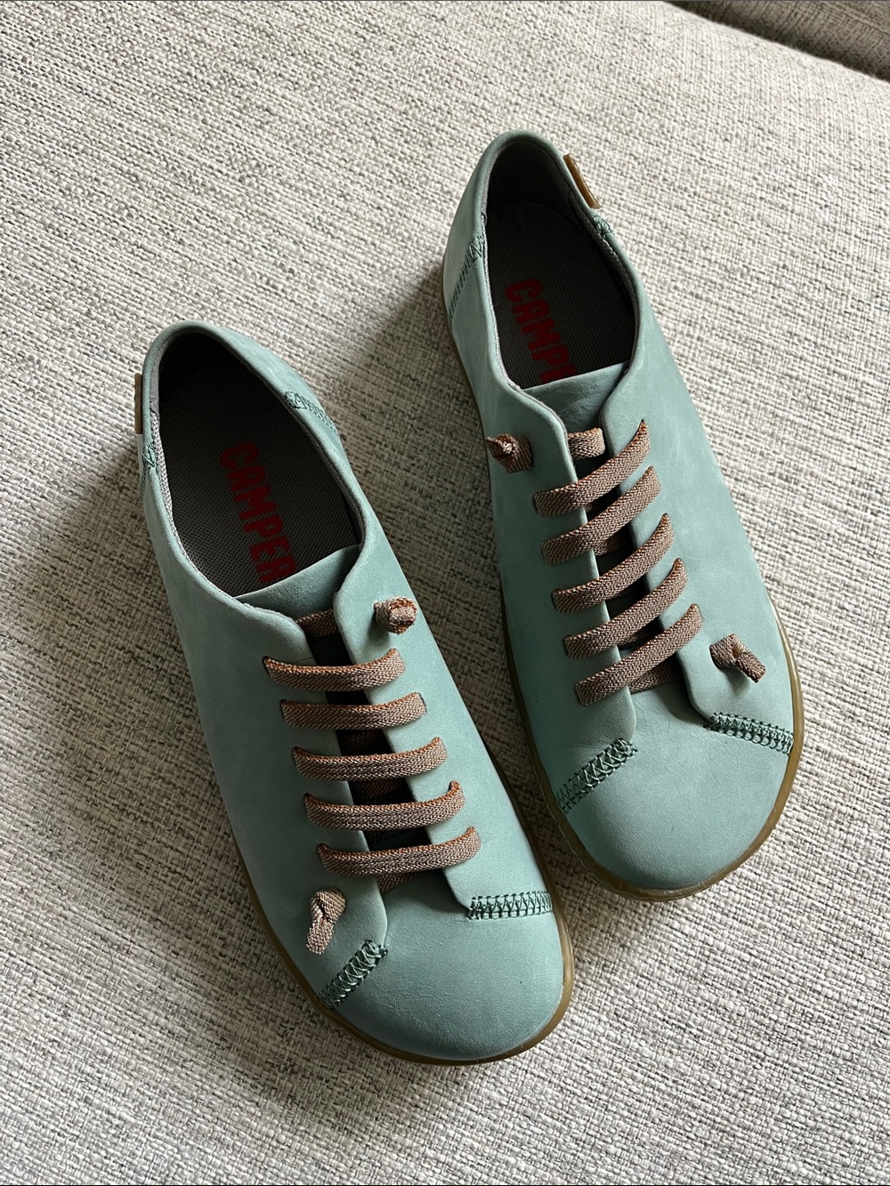 Camper Women's Seafoam Green Low-Top Sneakers with Brown Laces